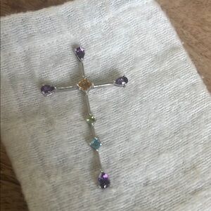 Elegant Silver Cross Pendant with Multicolor Gemstones